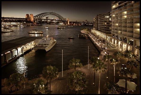 night view of Circular Quay, the Harbour Bridge, wharf 1 and the Collonades