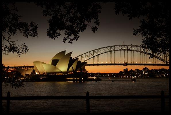 Sydney Opera House and Harbour Bridge from Mrs Macquaries Point at dusk