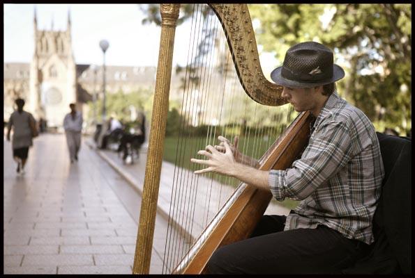 a harp player busking in Hyde Park
