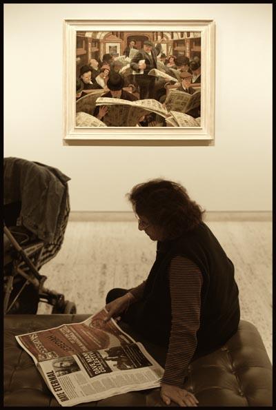 Art Gallery of NSW, woman reading a paper before a painting of people reading their papers