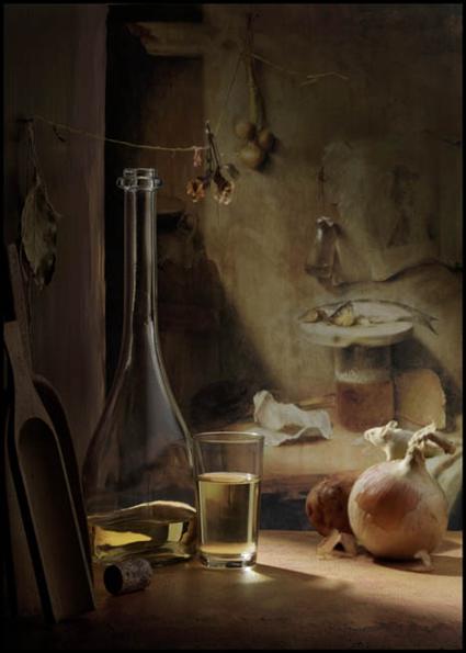 Still Life with mouse digitally added, background painting still life with Herring and Onions by Christopher Paudiss 1660
