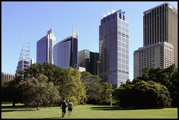 a view of the city across the lawns of the Botanic Garden