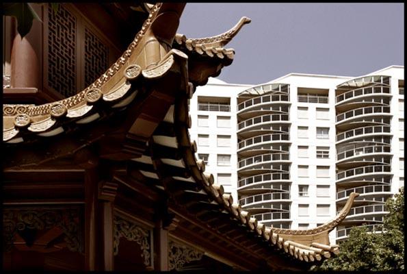 traditional pagoda style building vs modern apartment block, Chinese Garden of Friendship - Darling Harbour