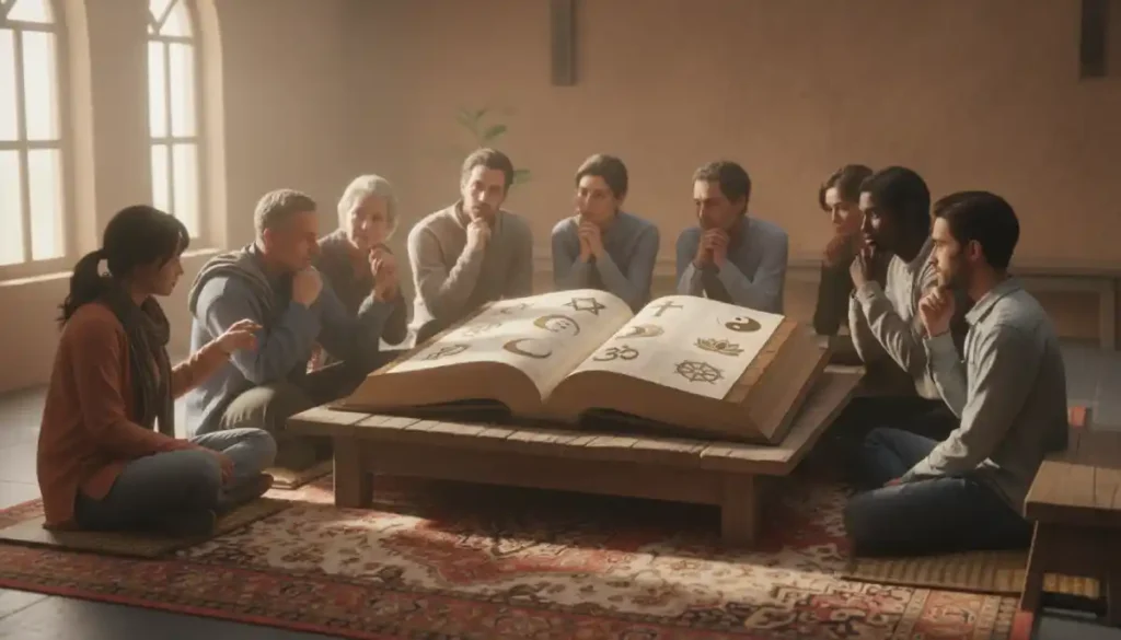 People Gathered Around An Open Book With Religious Symbols
